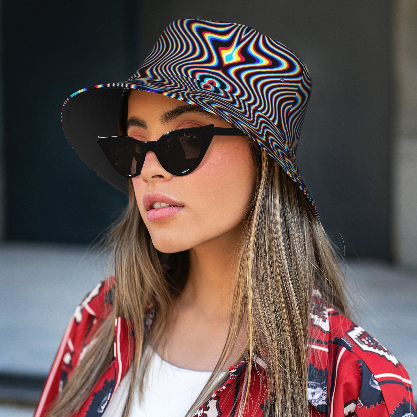1pc Vibrant Psychedelic Newspaper Print Bucket Hat - Lightweight, Durable Polyester-Spandex Blend, Fashionable Sun Protection for Outdoor Parties, Beaches & Festivals, Casual Style Fishing Hat