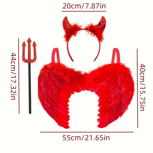 3pcs Red Angel Costume Set - Red Angel Wings, Red Devil Horns and Devil Fork Outfit - Female Devil Halloween Costume - Red Devil Wings, Devil Fork, and Devil Headband with Artificial Feathers Carnival Party Dress-Up