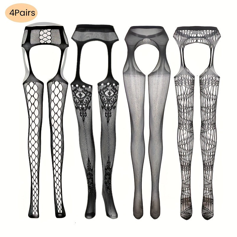 4 Pairs Set Fishnet Thigh High Garter Stockings Patterned Tights for Women Suspender Sheer Pantyhose for Halloween Cosplay Party