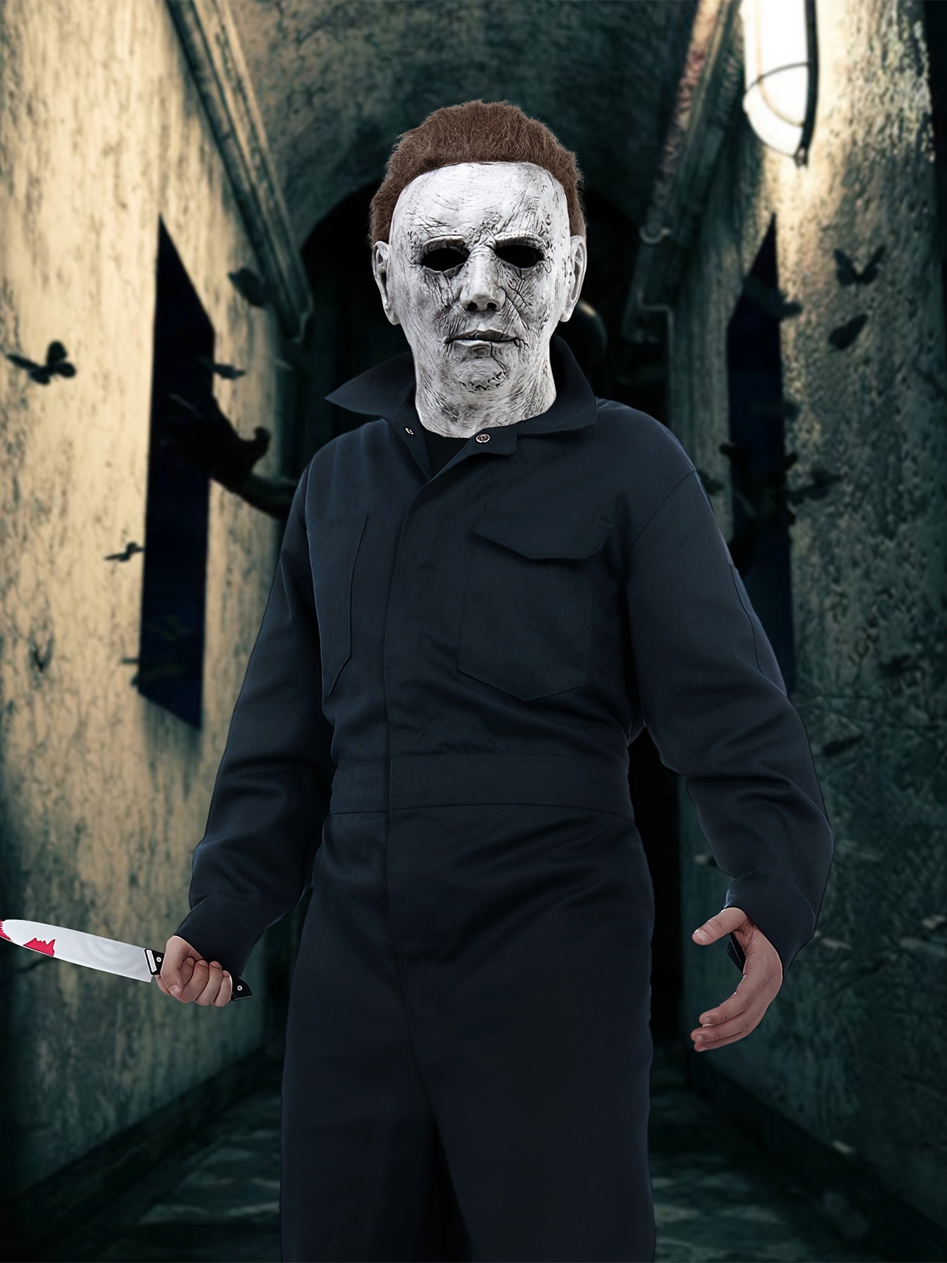 Men's Horror Movie Costume - Full Zipper Closure Work Overalls Jumpsuit, Halloween Jason Voorhees Outfit, Navy Blue Cosplay Suit for Themed Parties & Horror Events - Easy-to-Wear One-Piece Apparel, Easy Maintenance Clothing