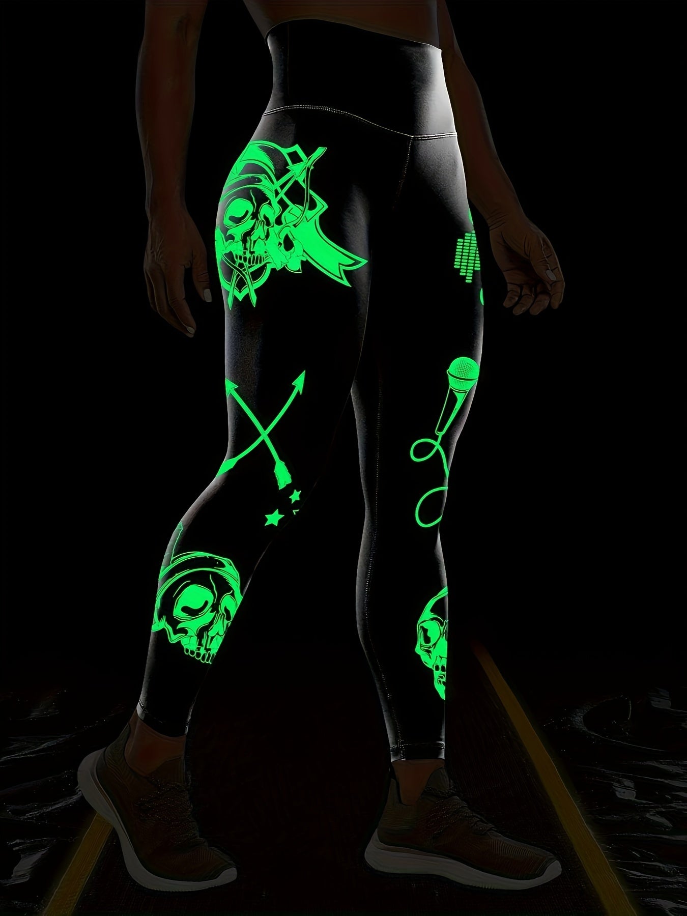 Women'S High-Waisted Stretchy Fitness Leggings with Glow-in-the-Dark Skull Print - Black, Elastic Waistband, Long Length for Running, Yoga & Halloween Party Wear, Yoga Pants, Halloween Leggings, Bold Graphic Pants, Highelasti