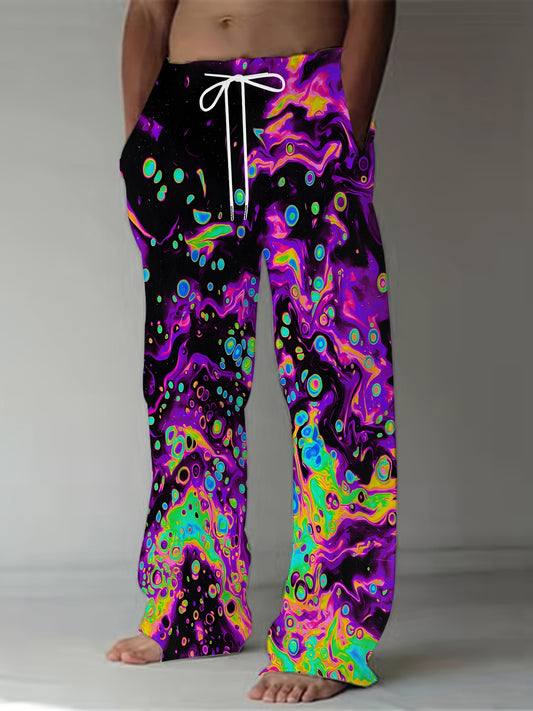 Men's Psychedelic Swirl Print Straight-Leg Pants - Vibrant, Loose Fit with Drawstring Waist | Casual Polyester Trousers for Teens & Adults, Machine Washable
