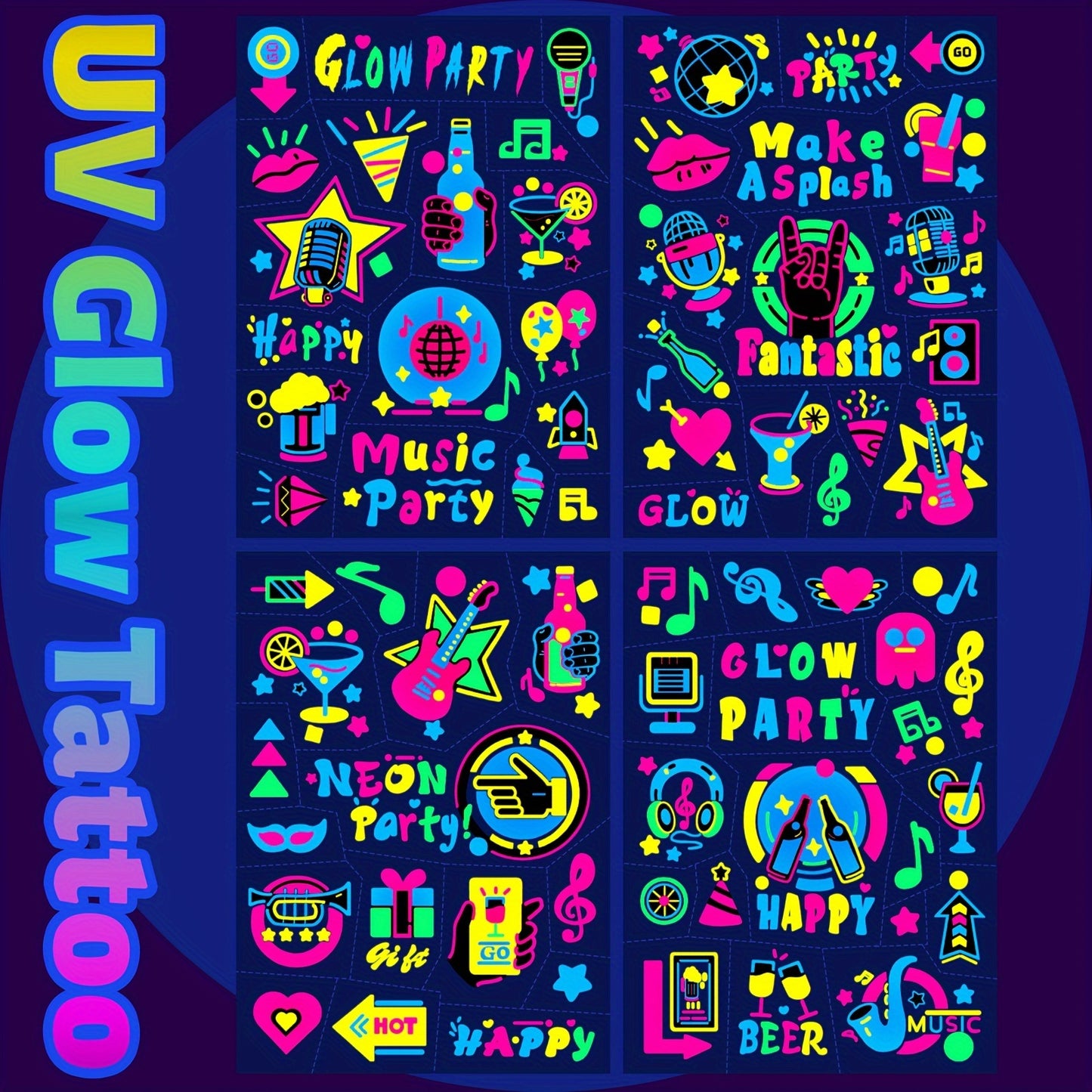 120pcs Glow in the Dark Neon Temporary Tattoos - Waterproof Fluorescence, Rock & Roll Disco Party Supplies for Women, Men, and Adults - Vibrant Fluorescent Tattoo Stickers for Makeup and Rave Events, Party Makeup | Vibrant Ta