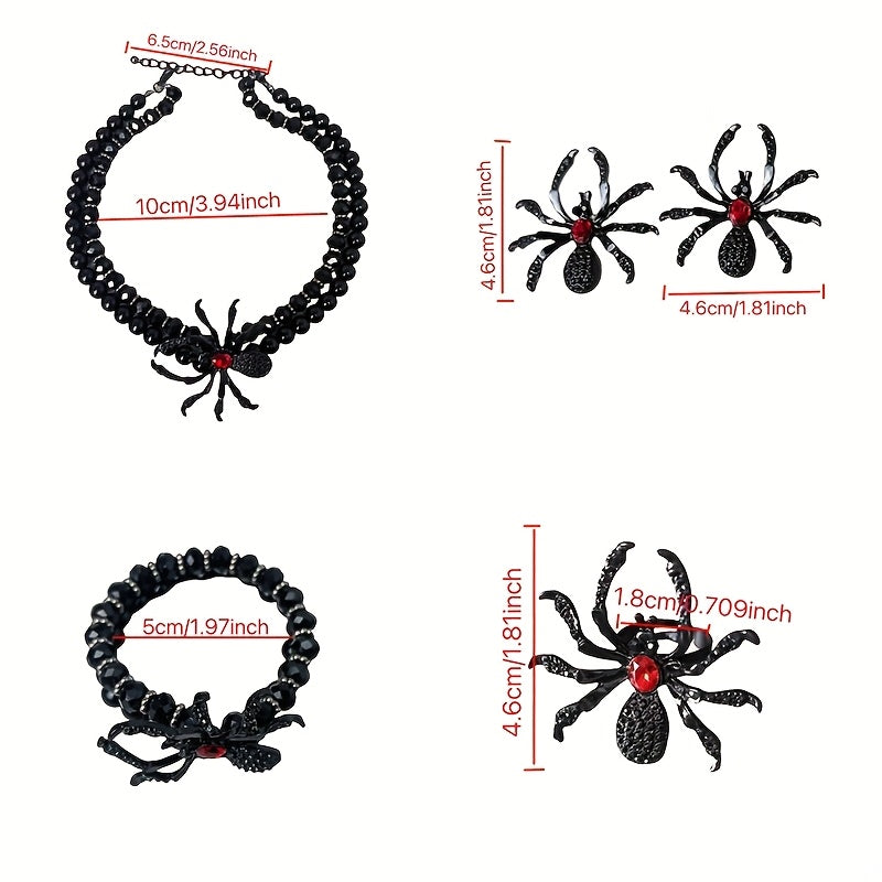 New dark Gothic-style spider jewelry set, perfect for Halloween costume accessories, a must-have for exaggerated European and American parties, a spider necklace, bracelet, adjustable ring and earrings 4pcs jewelry set