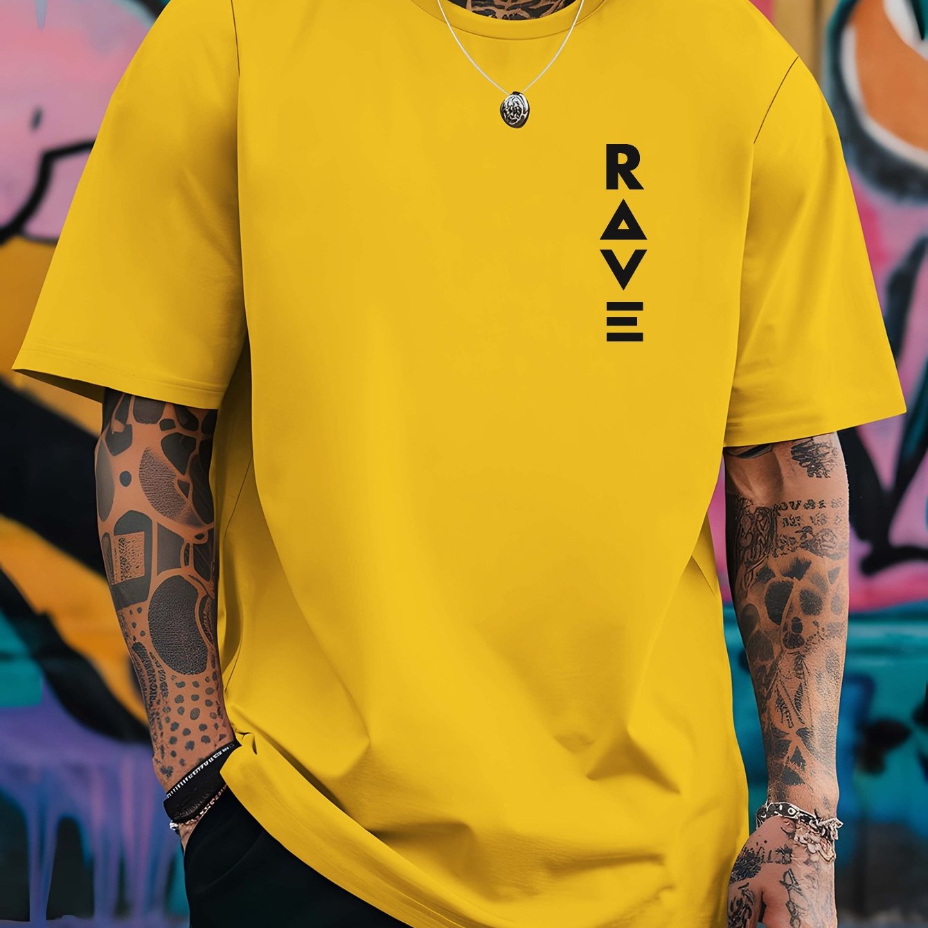 R V Men's Short Sleeve T-Shirt - Vibrant Yellow with Bold RAVE Graphic Print, Breathable Round Neck Casual Top for Summer Beach Resorts & Outdoor Activities