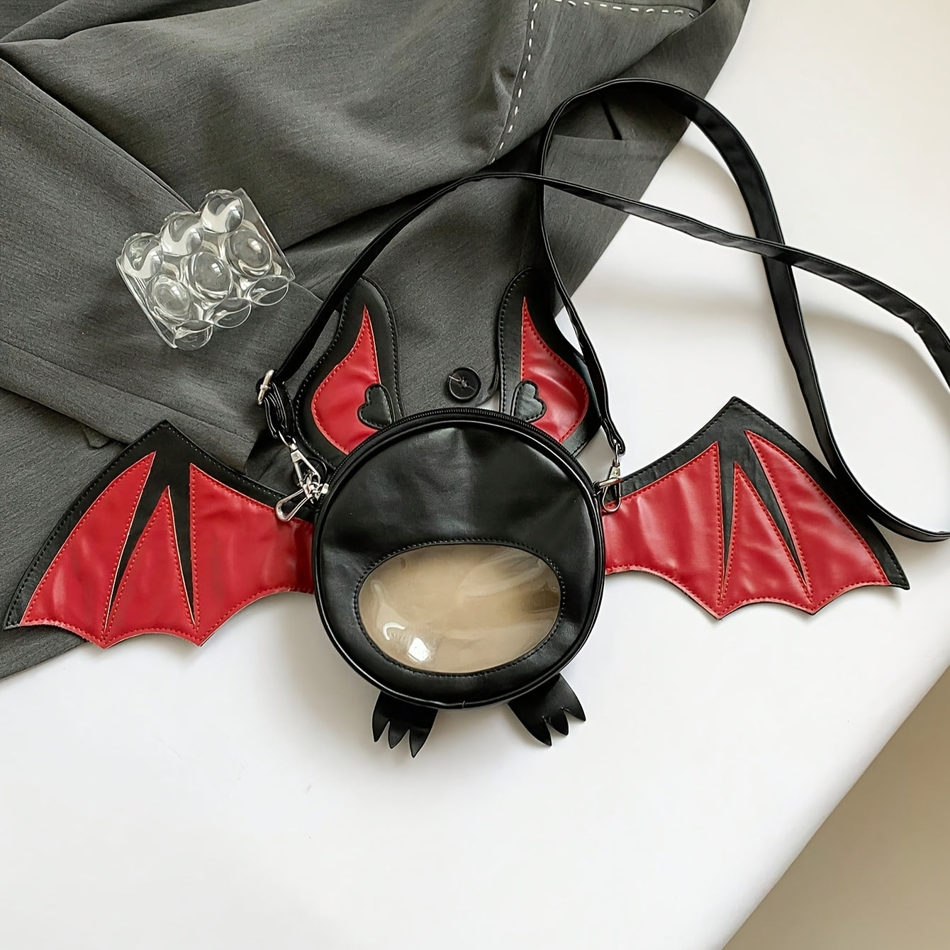1pc Fashionable Devil Bat-Shaped Synthetic Leather Crossbody Bag with Detachable Strap - Lightweight, Zip Closure, Halloween Themed Accessory for Women in Grey/Purple/Red - Perfect for Parties, Outdoor Fun & Costume Matching