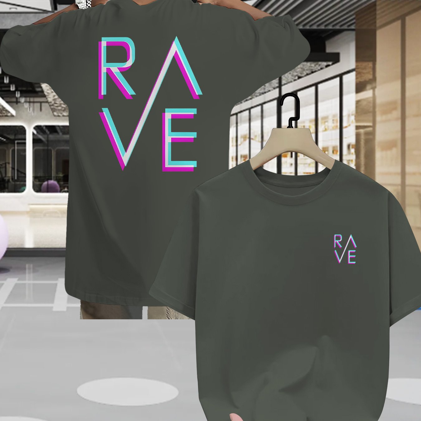 Men'S Summer Casual RAVE Graphic T-Shirt - Black with Pink & White Neon Print, Short Sleeve, Round Neck, Lightweight Polyester Blend, Perfect for Casual Attire, Everyday Tshirt | Round Neck Shirt | Comfortable Fit