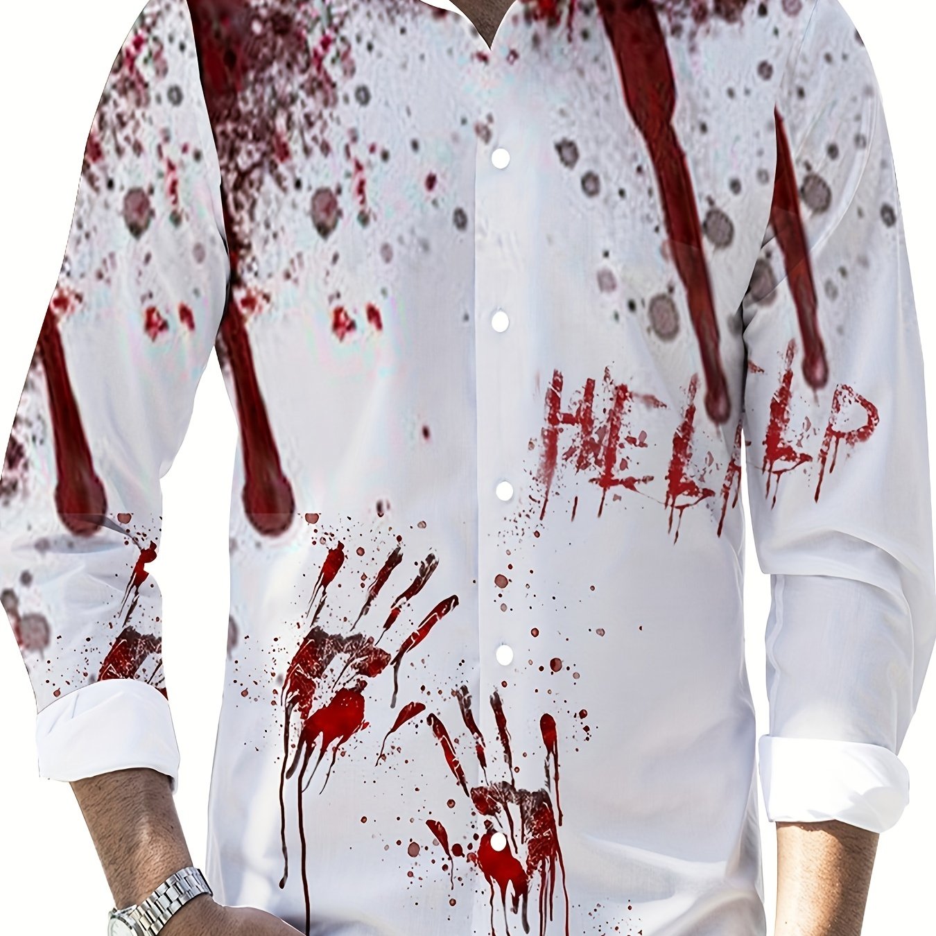 Scary Blood & Handprint Pattern Men's Long Sleeve Lapel Shirt, Men's Halloween Style Clothing For Spring Fall