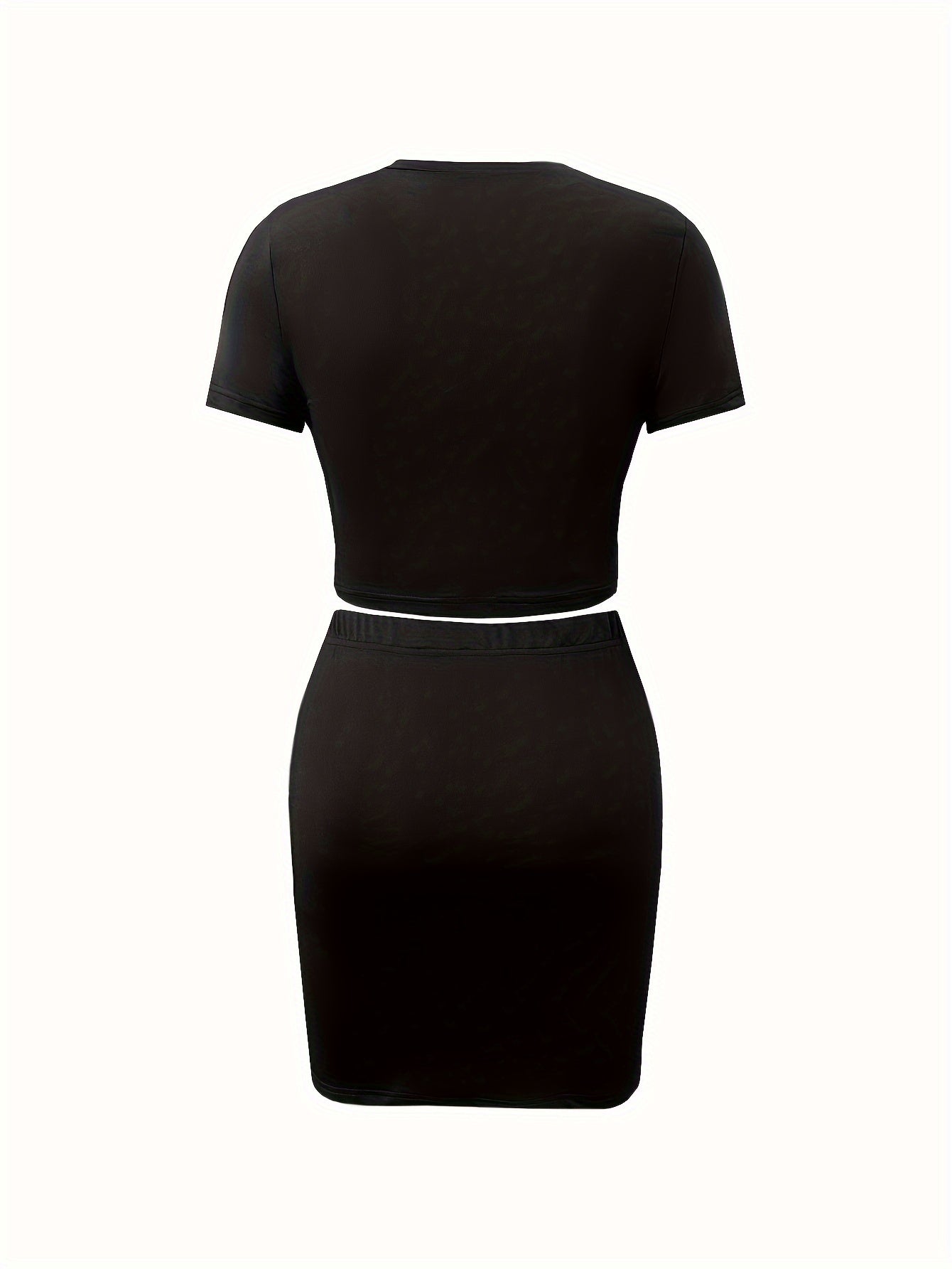 Sexy Slim Body Print Skirt Set, Short Sleeve Skinny Crop Top & Bodycon Mini Skirt Outfits, Women's Clothing