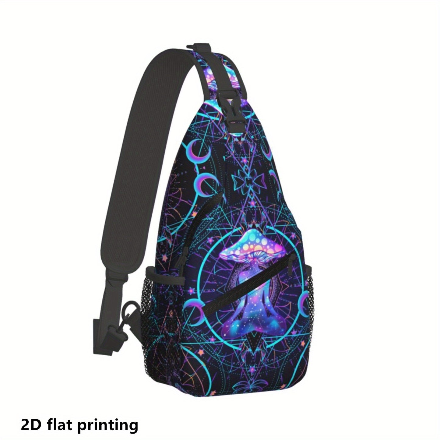 1pc Neon Mushroom Print Crossbody Chest Pack - Psychedelic 2D Flat Printing, Durable Polyester with Zipper Closure & Adjustable Strap for Outdoor Hiking, Cycling, Travel - Women's Fashionable Lightweight Daypack, Cycling Gear