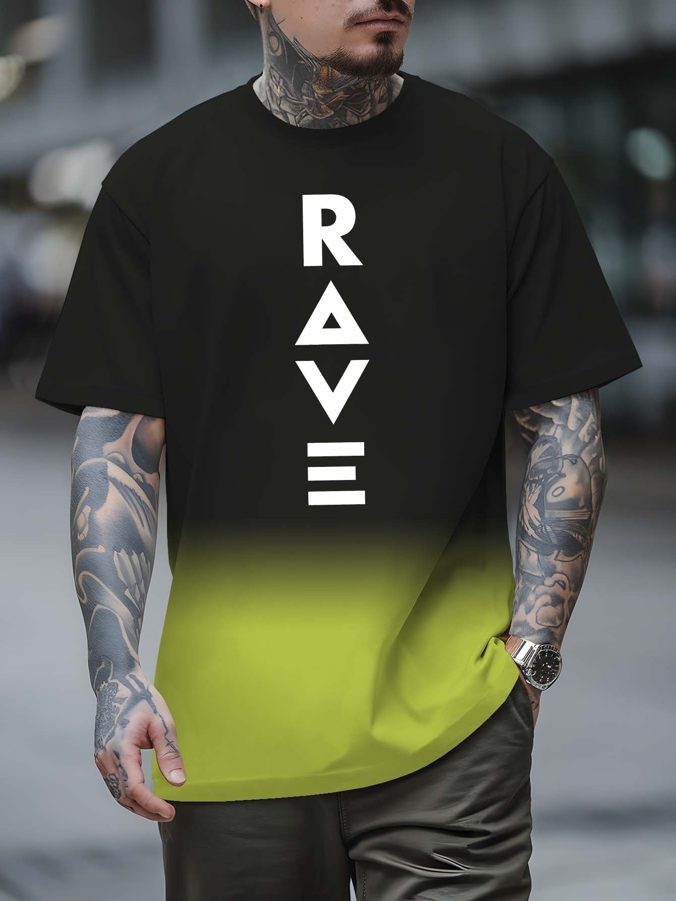 Men's Gradient Rave Graphic T-Shirt - Ice Silky Breathable, Quick-Dry, Round Neck, Short Sleeve, Casual Summer Tee in Vibrant Orange to Black Ombre Design