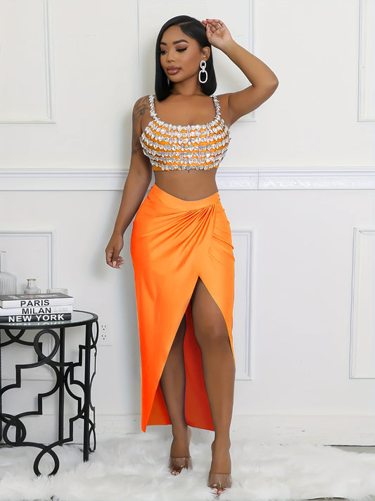 Women'S Sexy High-Slit Maxi Skirt - Solid Color Orange, High-Waisted, Flowing Design, Perfect for Summer & Spring, Versatile Fashion, Cute Skirts, Casual Elegance