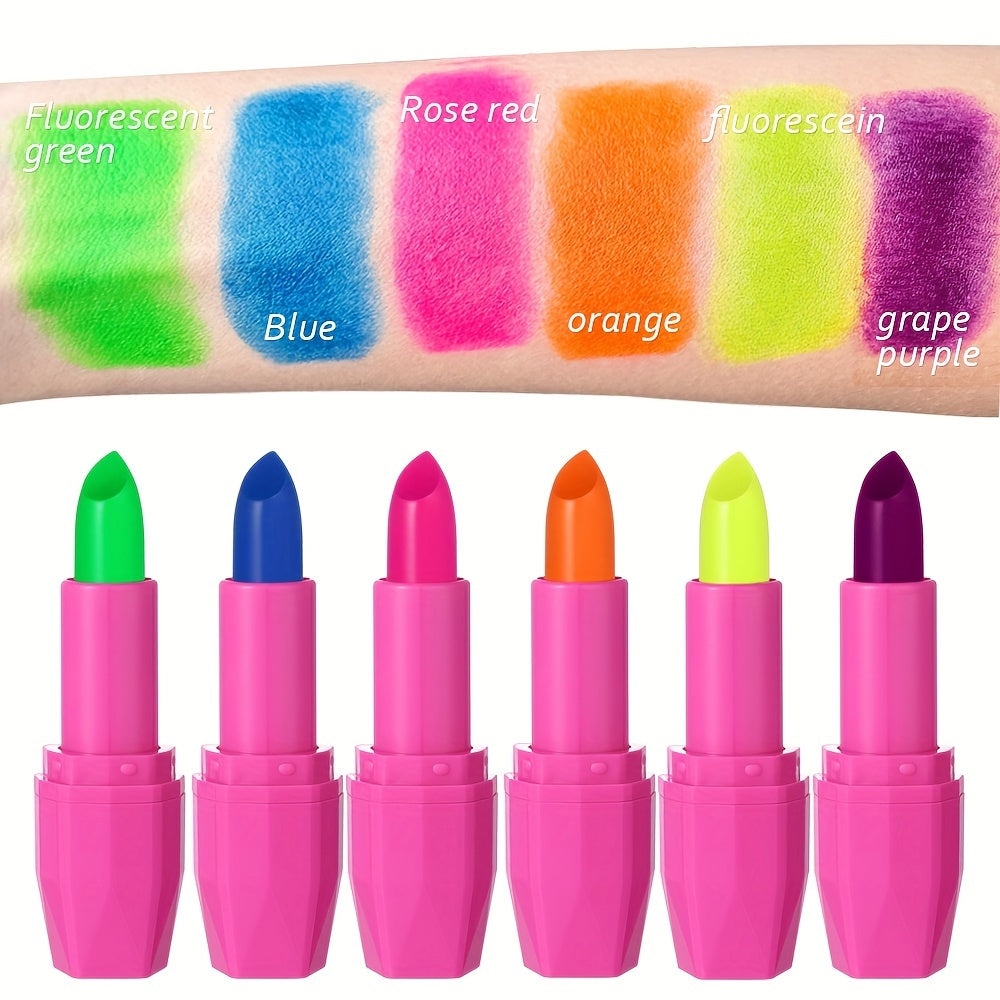 Neon Glow Halloween Lipstick Set – Vibrant Long-Lasting Party Makeup with Pink, Blue, Yellow, Green, Orange & Purple Colors in a Tub – Bold, Smudge-Proof & Perfect for Raves, Music Festivals & Holiday Looks (B0771-2