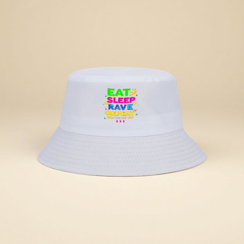 1pc Trendy Streetwear Bucket Hat with Bold "EAT RAVE REPEAT" Graphic Print - Black Unisex Summer Hat for Outdoor Camping Hiking Fishing, Adjustable Comfort Fit, Camping Gear, Festival Accessory, Street Fashion, Breathable Fab