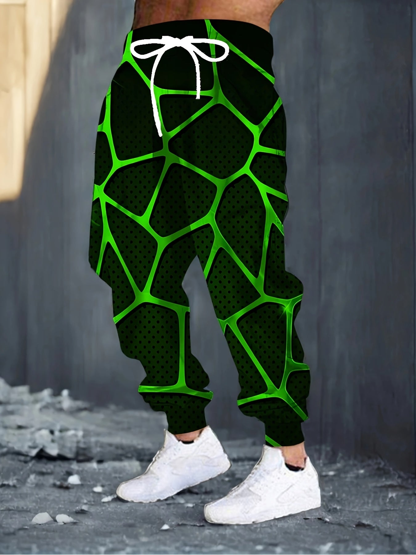 Men'S 3D Geometric Abstract Print Joggers with Drawstring Waist & Pockets - Vibrant Neon Green & Black Design, Comfortable Casual Sweatpants for Home & Leisure, Jogging Pants, Leisure Wear, Modern Streetwear, Durable Fabric