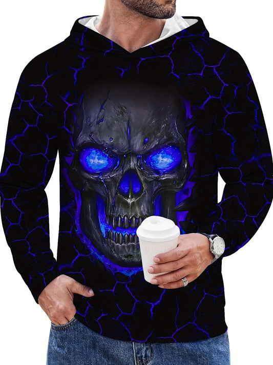 Men's 3D Skull Print Hoodie - Edgy Blue Glowing Eyes Design, Long Sleeve, Casual & Sporty, Polyester Blend, Machine Washable for Fall/Winter, Skull Hoodie