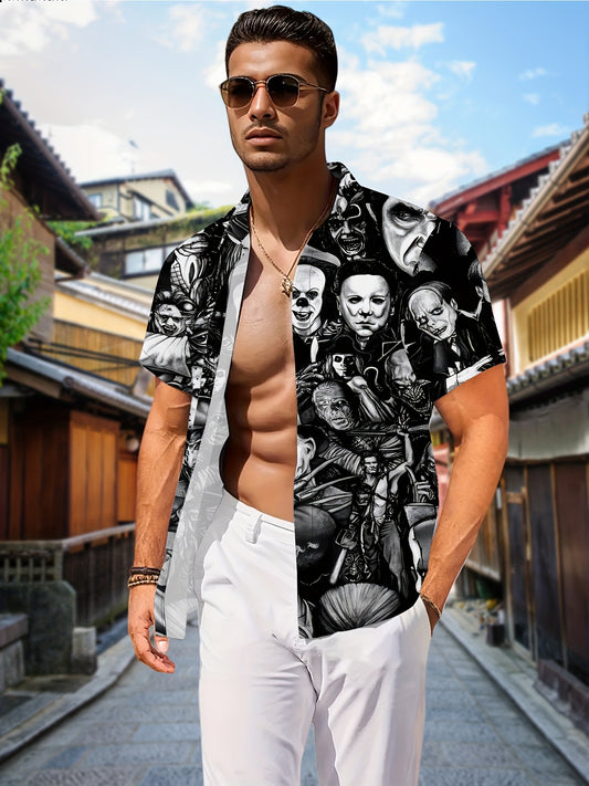 Men's Casual Short Sleeve Novelty Collar Shirt with Geometric Horror Character Print - Machine Washable Regular Fit Black & White Graphic Top for Casual Attire, Detailed Prints, Comfortable Fabric