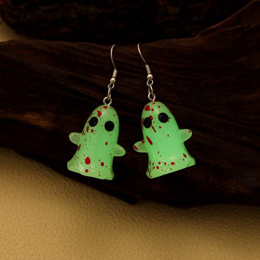 1 Pair Halloween Glow-in-the-Dark Ghost Earrings - Gothic Resin Dangle Earrings with Red Irregular Dot Design, Random Size & Position for Women, Halloween Party & Casual Attire, Festive Accessories, Glowindark Feature, Durabl