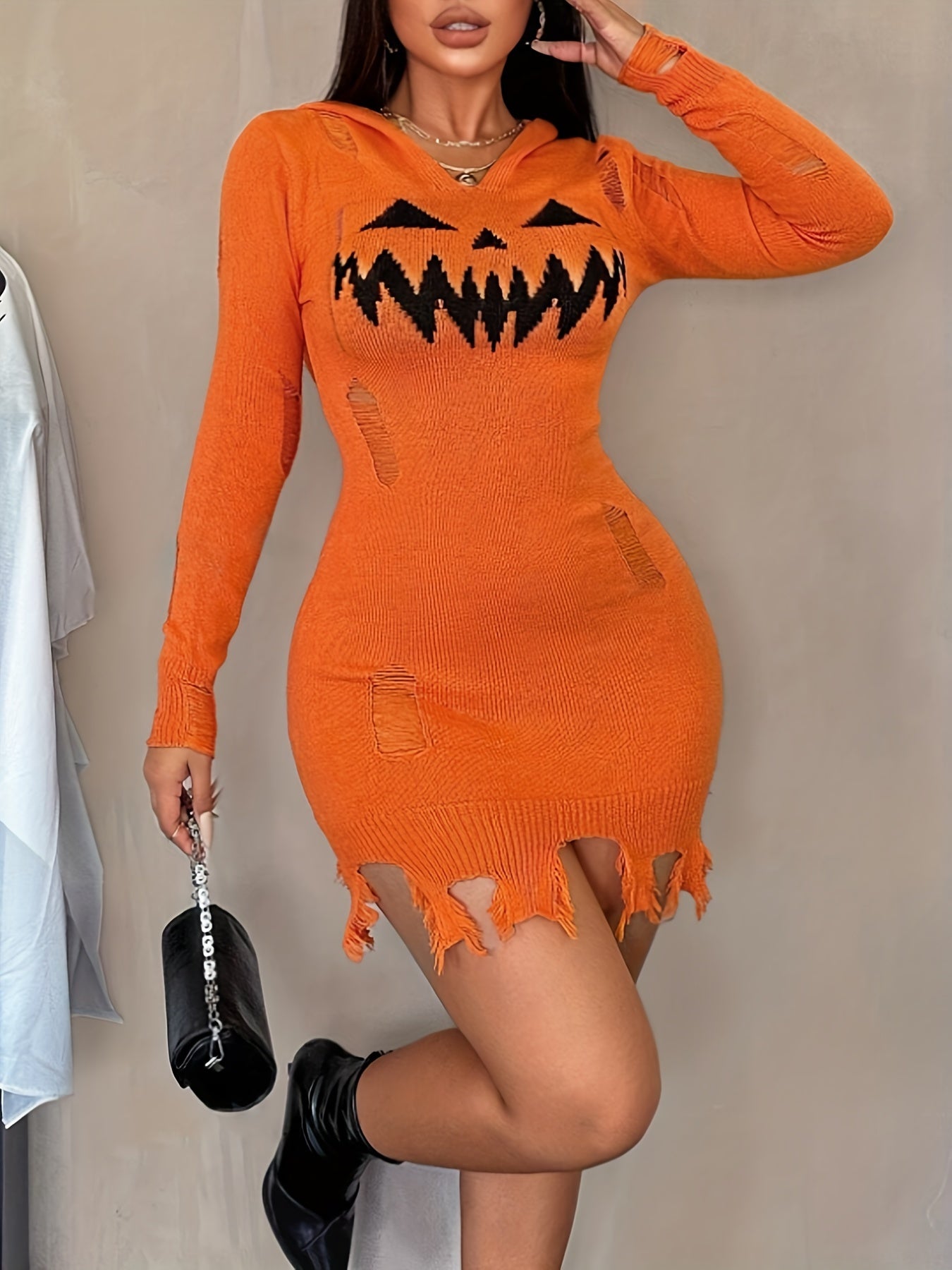 Women's Solid Color Hooded Halloween Dress - Distressed Pumpkin Face Design, Bodycon X-Silhouette, Machine Washable, Vibrant Orange for Halloween Parties & Casual Wear, Halloween Costumes, Festive Attire, Festive Design, Easy
