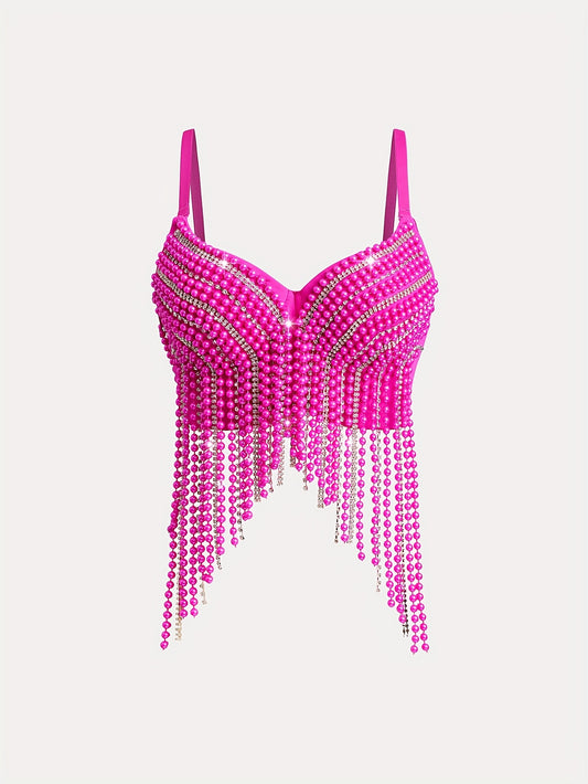 Sexy Fishbone Corset Top with Pearl Embellishments & Tassel Details - Vibrant Pink Stretchy Spaghetti Strap Bustier for Nightclub, Concert, Festival - Versatile All-Season Women's Fashion, Concert Attire, Elegant Style, Styli