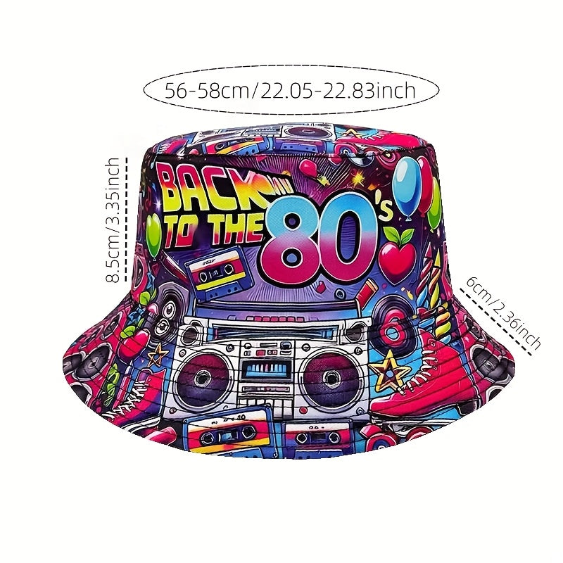 1pc "Back to the 80s" Retro Hip-Hop Bucket Hat - Vibrant Neon & Retro Graphic Design, Lightweight Polyester, Machine Washable, Perfect for Parties, Outdoor Events, and Gifts, Outdoor Headwear | Retro Hip Hop Style | Durable H