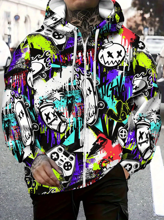 Men's Full-Zip Hoodie - Lightweight Graffiti Jacket with Neon Street Art, Game Controller Graphic Pockets - Zippered Hooded Sweatshirt for Urban Streetwear, Gaming & Casual Outfits - Machine Washable Polyester Outerwear, Dura