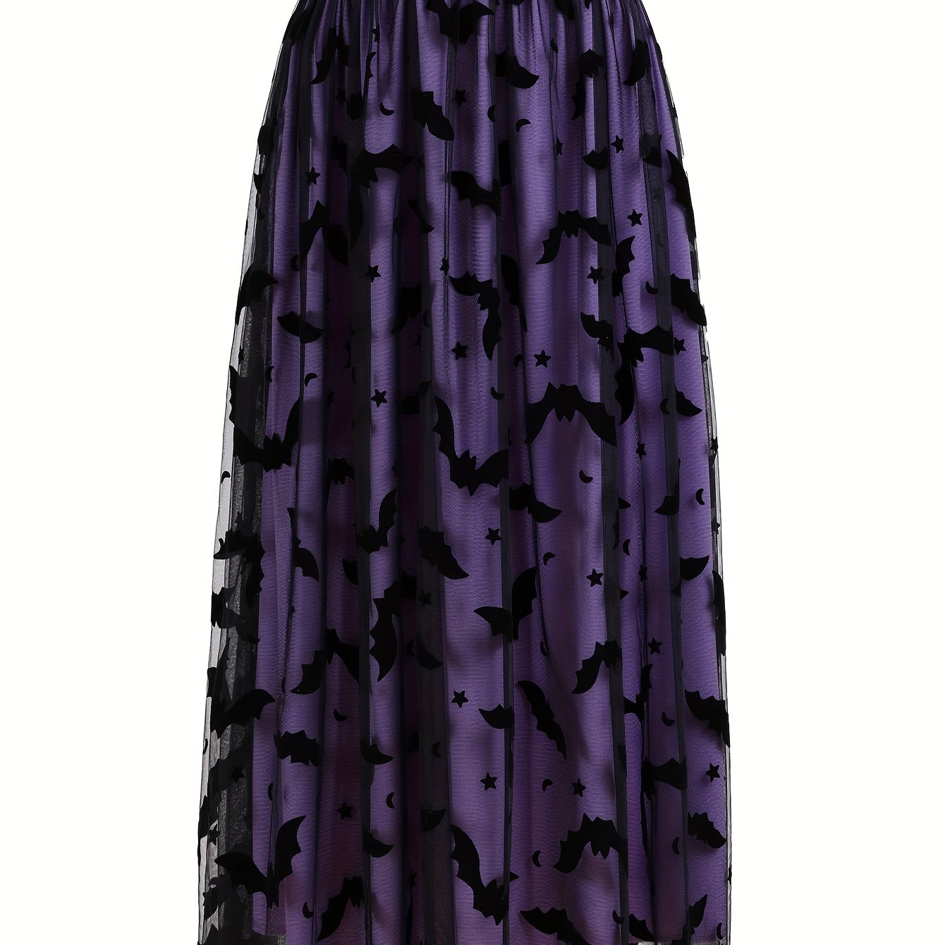 Plus Size - Elegant Plus Size Purple Tulle Skirt with Black Bat Print - Mid-Length, Flowy Design, Perfect for Casual or Formal Occasions, Formal Occasion Skirt | Bat Print Skirt | Polyester Fabric