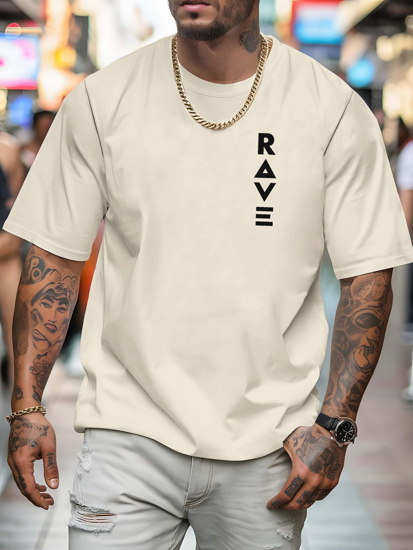 R V Men's Short Sleeve T-Shirt - Vibrant Yellow with Bold RAVE Graphic Print, Breathable Round Neck Casual Top for Summer Beach Resorts & Outdoor Activities