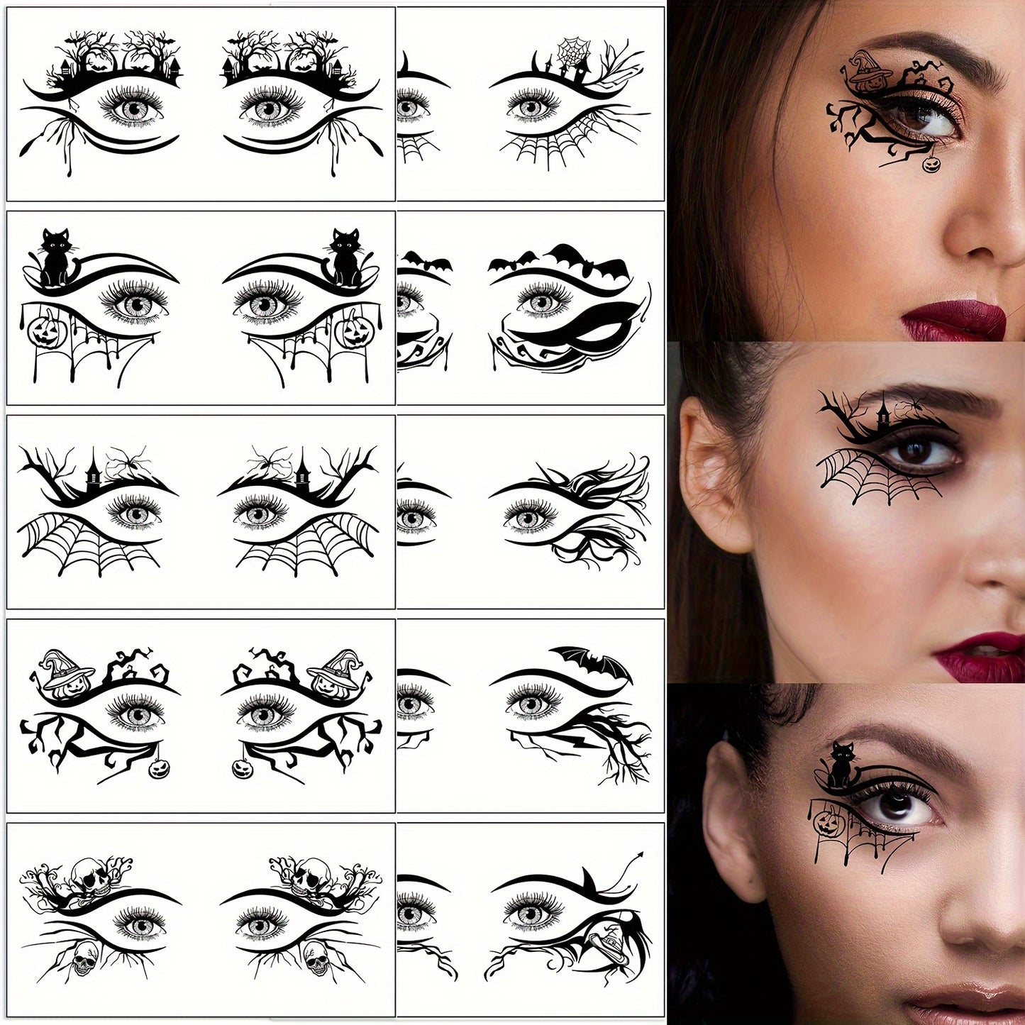 10-Pack Halloween Eye Tattoo Stickers, Skull Pumpkin Cat Bat Spider Web Designs, Festive Party Funny Face Makeup Temporary Tattoo Stickers, Oblong Shape
