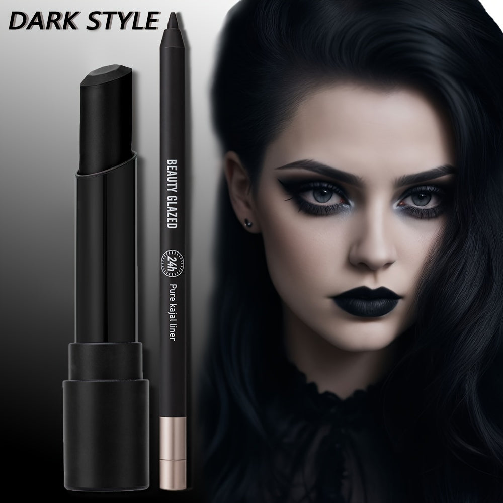 2pcs dark style makeup set, matte black lipstick with long-lasting waterproof eyeliner, black smoky eyeshadow, perfect for Halloween, create a weird and cute makeup, BEAUTY GLAZED