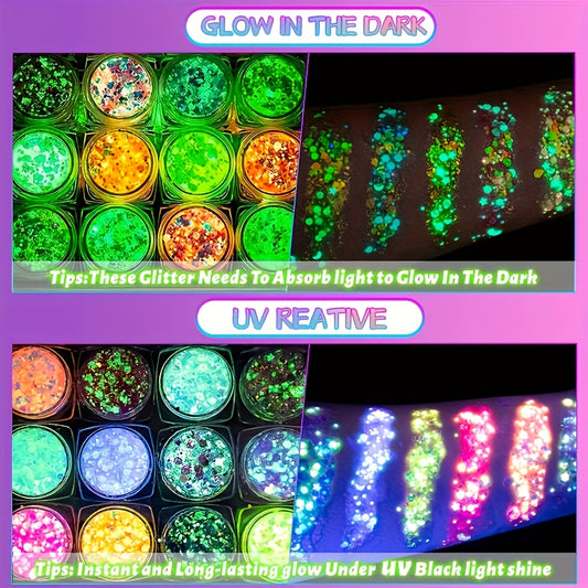 12 Colors Quick Dry Glow-in-the-Dark Glitter Gel - Water-Based, Self-Adhesive Neon Glitter for Women, Perfect for Mardi Gras, Halloween, Party & Festival Makeup, Body Glitter|Vibrant Glitter|Waterproof Glitter, Glitter Eyesha