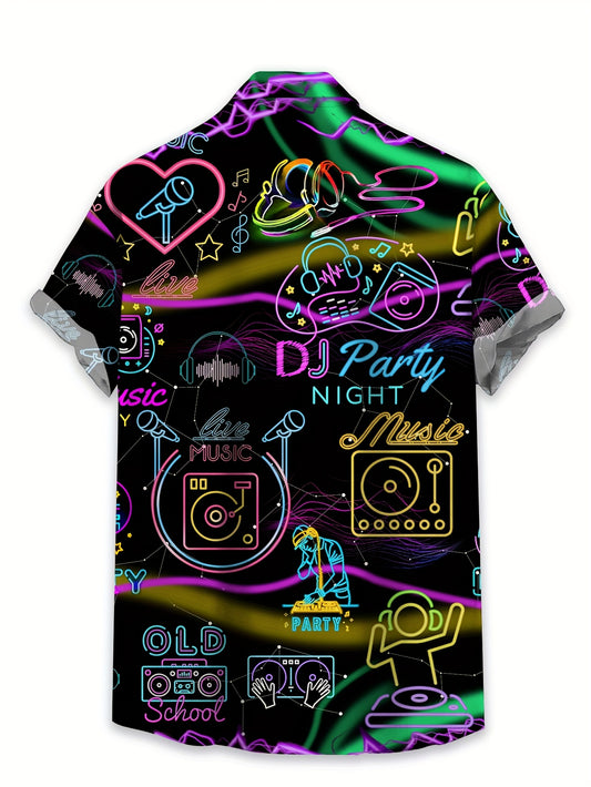 Men's Casual Short Sleeve Hawaiian Shirt - Neon Music Party Graphic T-Shirt with DJ Turntable & Music Note Print, Vibrant Polyester Fabric for Summer Vacation, Club Nights & Casual Outings, Hawaiian Theme Party, Retro Graphic