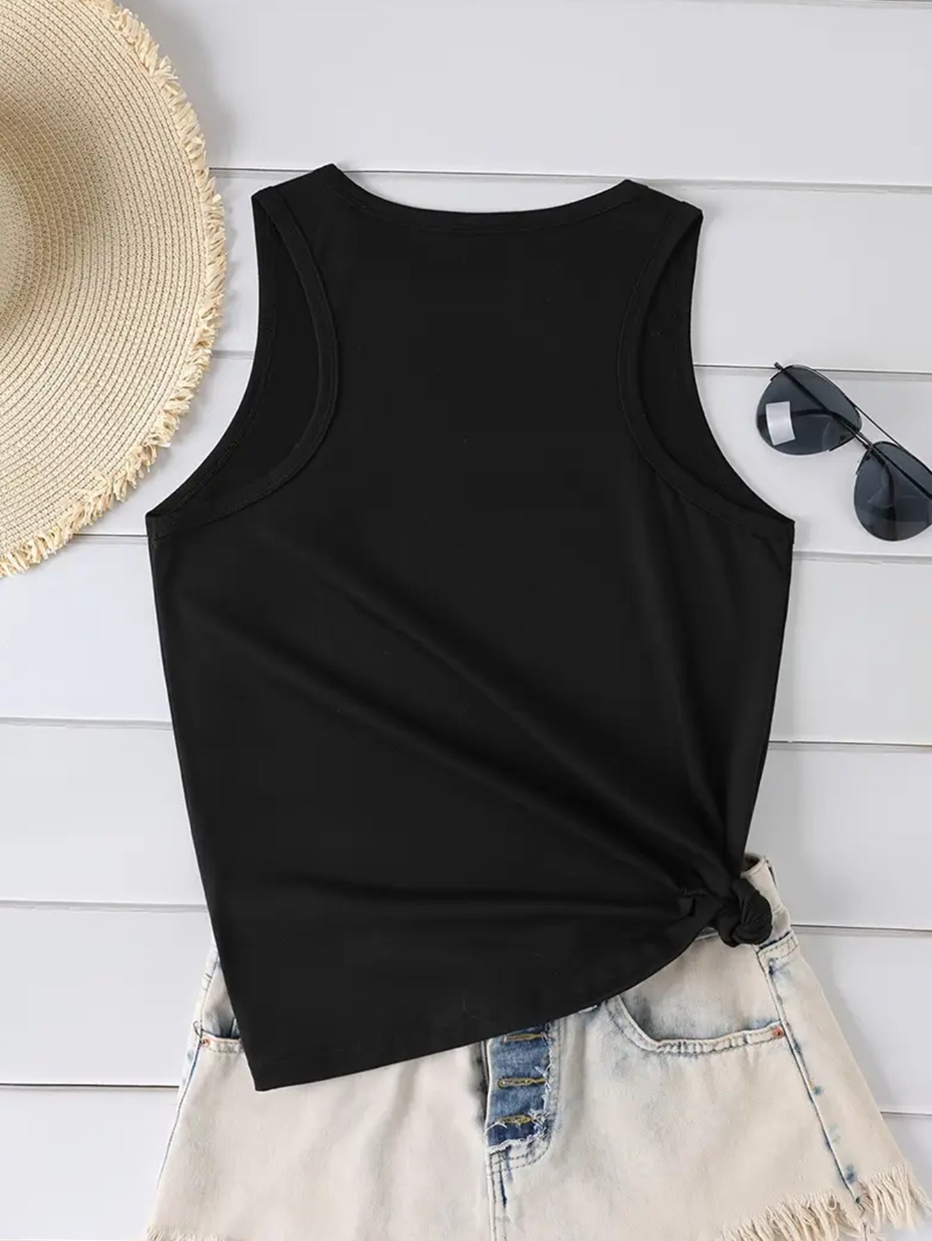 Women's Sexy Sleeveless Tank Top - Black with Neon Pink & Blue 'RAVE' Letter Print, 100% Polyester, Stretchy Round Neck, Machine Washable, All-Season Casual Wear