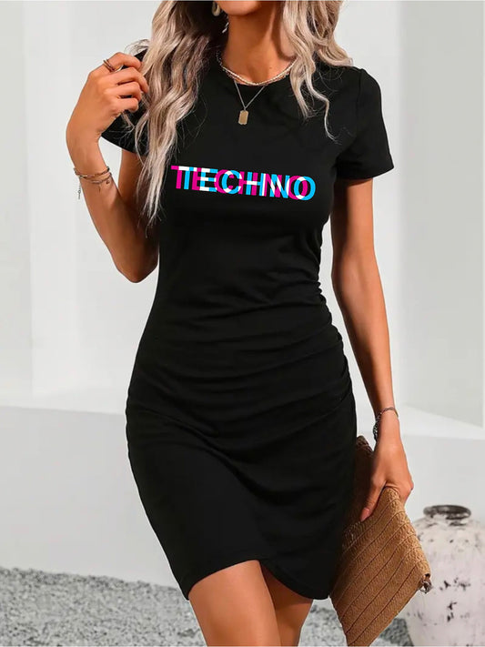 1pc Women'S Elegant "TECHNO" Print T-Shirt Dress - Short Sleeve, Solid Black, Stretchy Polyester, Loose Fit, Machine Washable, Perfect for Spring & Summer Casual Wear, Everyday Elegance | Minimalist Dress | Medium Stretch Com