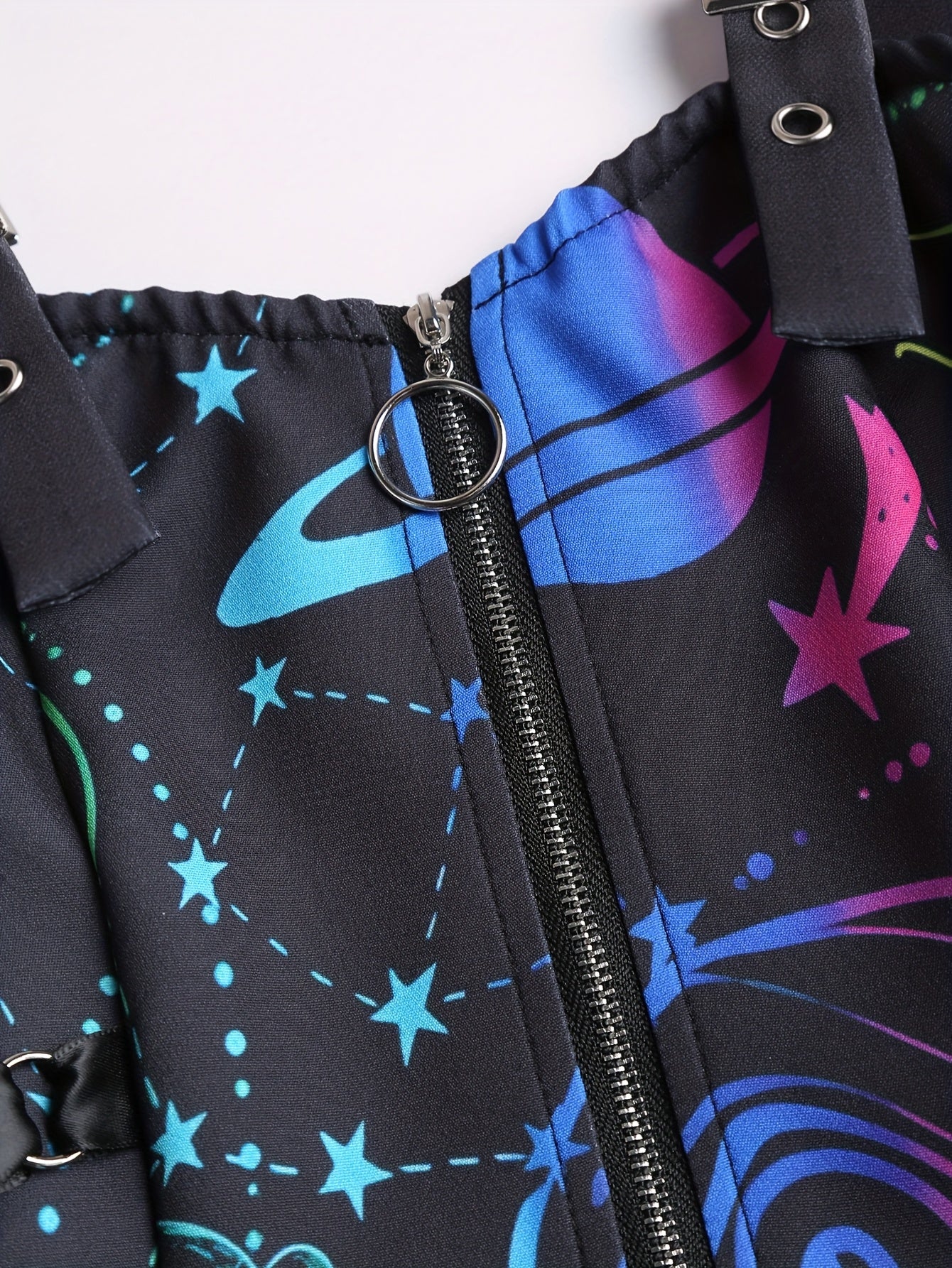 Women's Galaxy Print Sleeveless Dress with Adjustable Straps & Zipper Detail - Vibrant Starry Sky Design, Polyester Fabric, Machine Washable, Casual Style for All Seasons, Galaxy Dress