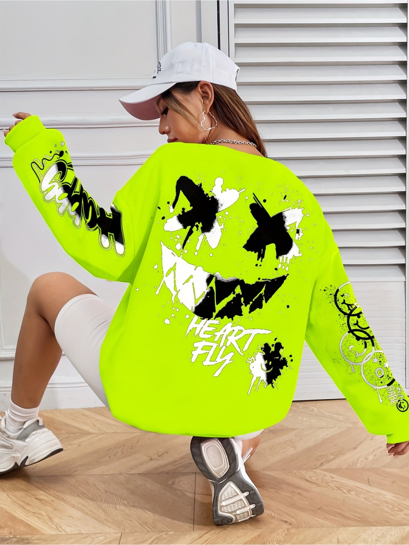Women's Vibrant Neon Green Graffiti Print Sweatshirt -"HAPPY" & Heart Graphic, Long Sleeve, Lightweight Polyester Blend, Machine Washable, Style A4009YE197-6