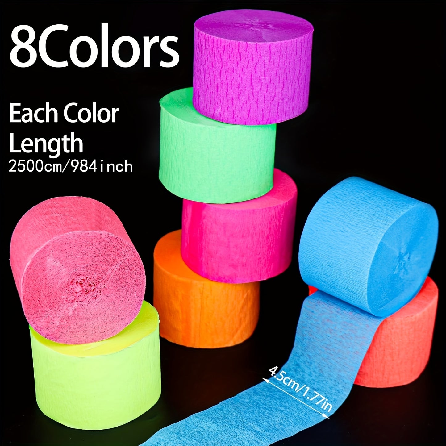 Light-up crepe paper streamer, 8 rolls of luminous UV active fluorescent light party, requires purple light irradiation for luminescence, neon streamers suitable for wedding birthday black light party supplies decoration