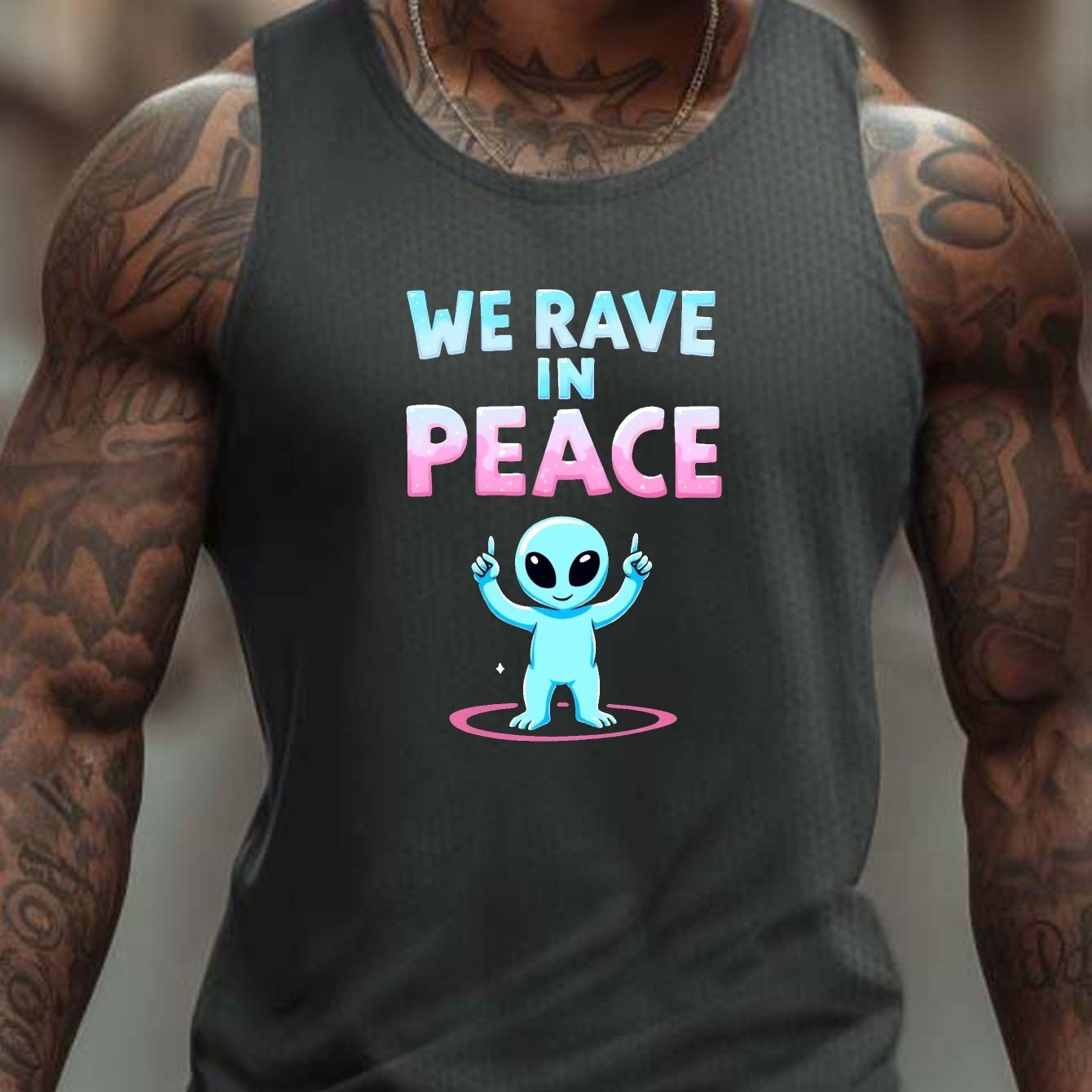 Men'S "We Rave in Peace" Graphic Tank Top - Casual Sleeveless Athletic Shirt, Breathable & Comfy, Black with Blue & Pink Alien Design, Perfect for Summer, Alien Clothe