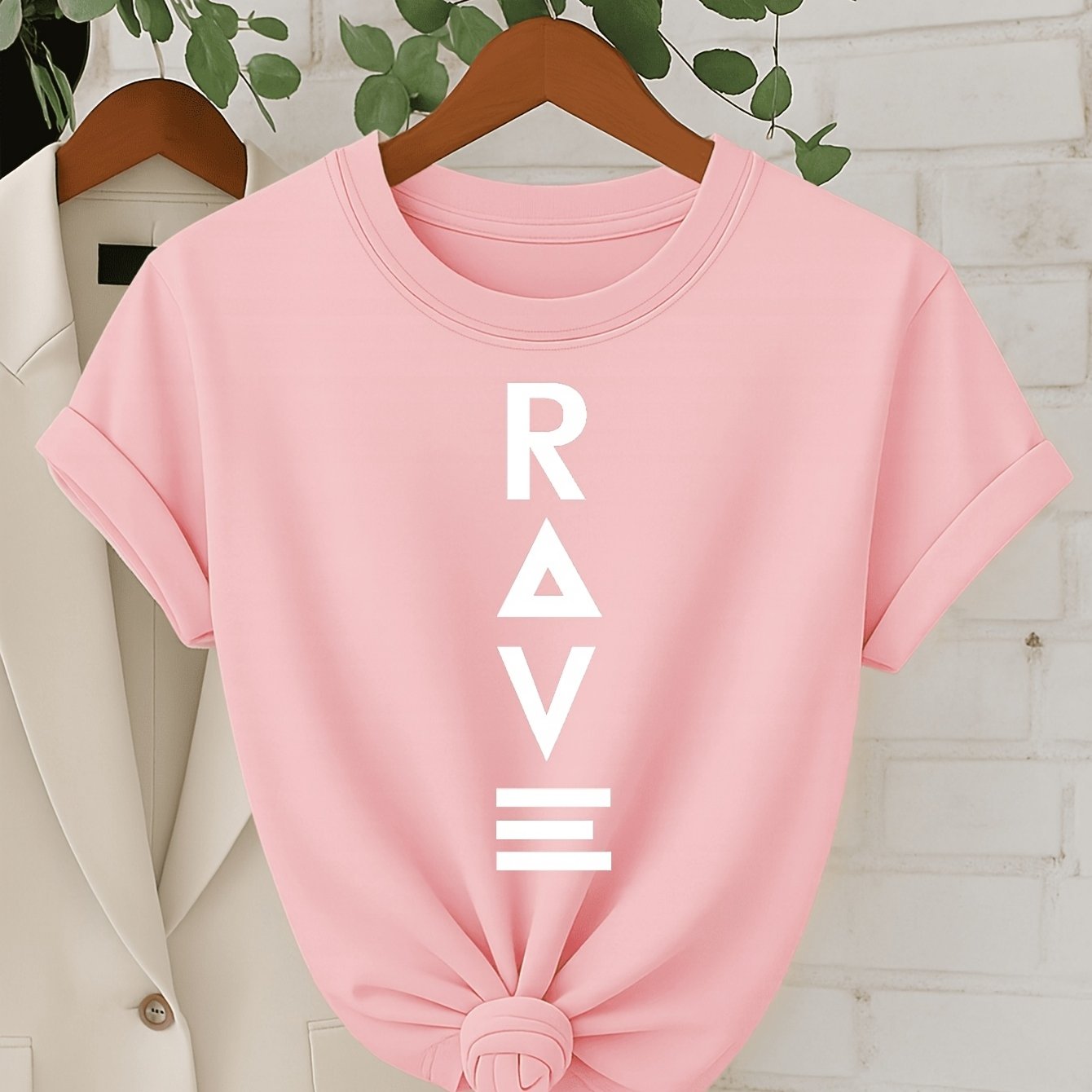 Women's Casual Short Sleeve T-Shirt - Black with Vertical White RAVE Print, Relaxed Fit Round Neck, Machine Washable All-Season Comfort Top, Rave Clothing, Classic Round Neck, Nontransparent Fabric