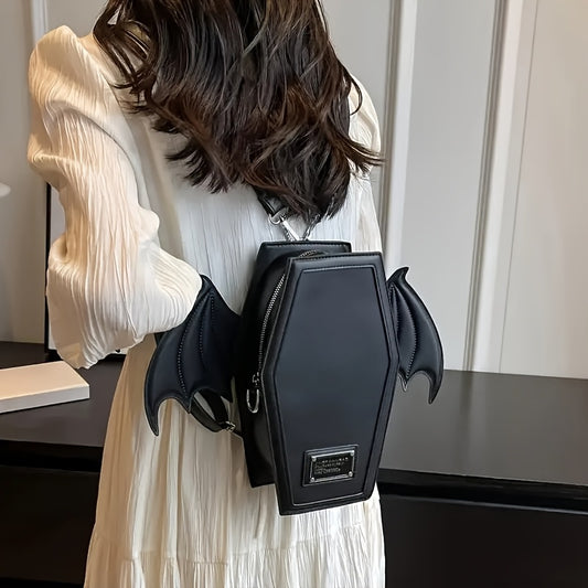 Black Punk Style Bat Wing Backpack - Adjustable Straps, Zipper Closure,, Gothic Coffin Design for Halloween, Parties & Casual Use