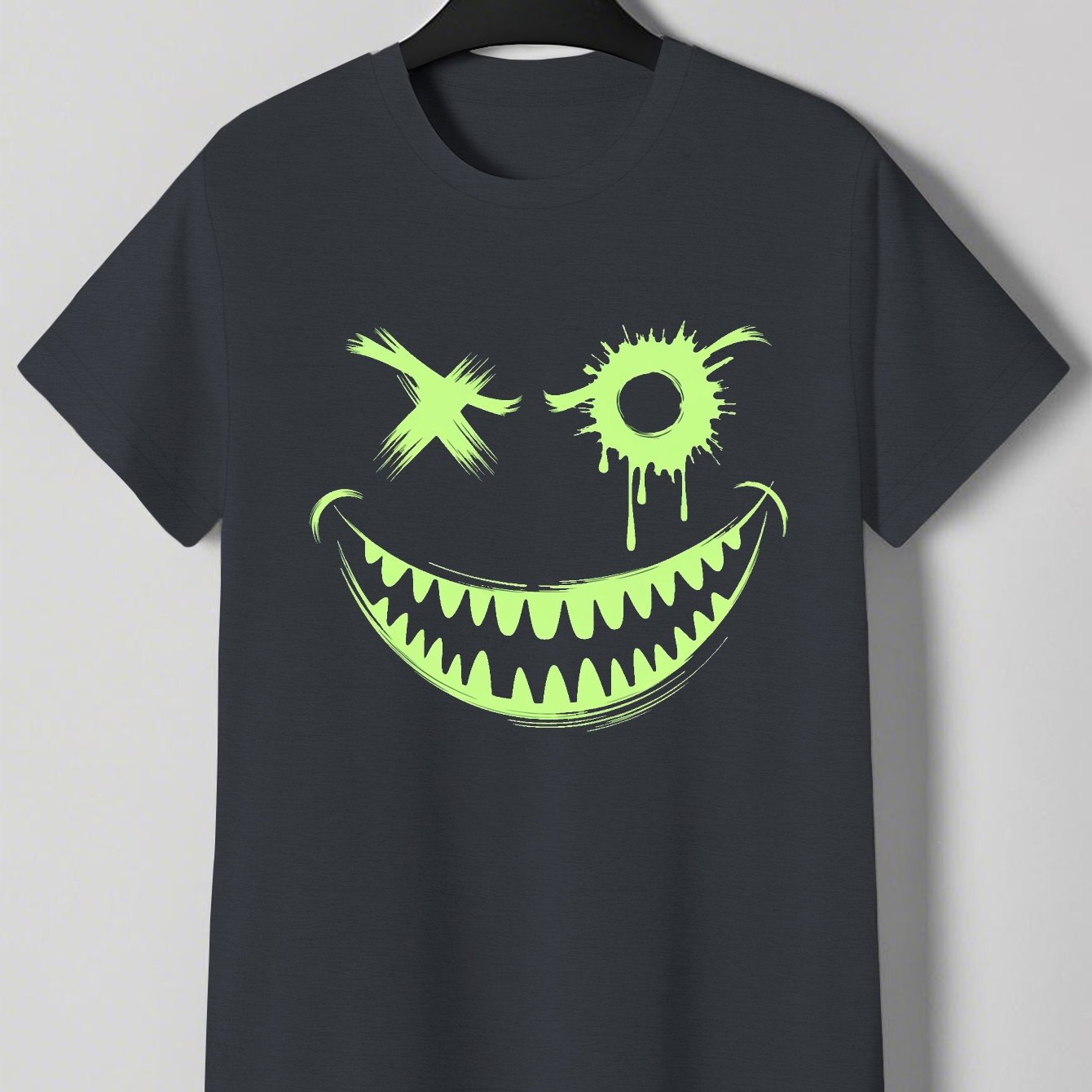 Men's Neon Green Glow-in-the-Dark Mischievous Grin Face Graphic T-Shirt - Lightweight Summer Tee for Parties, Casual Attire & Costume Events - Non-Transparent Casual Shirt for Adults, Playful Design, Machine Washable Fabric
