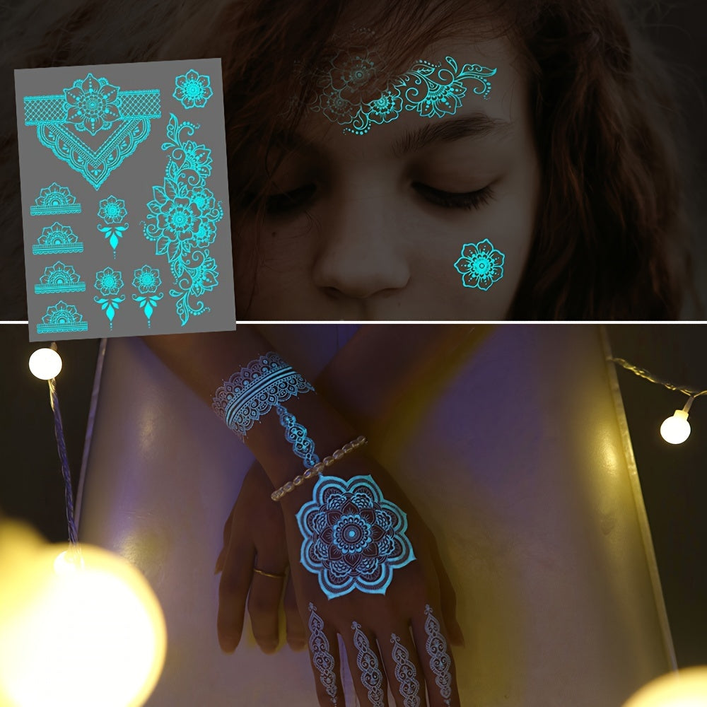 6 Sheets Glow-in-the-Dark Blue Luminous Tattoo Stickers - Tribal White Lace Lotus Mandala Flower Designs, Waterproof Fake Jewelry Pendant Pattern, Perfect for Wedding, Music Festival, Party Supplies and Daily Wear - Easy to A