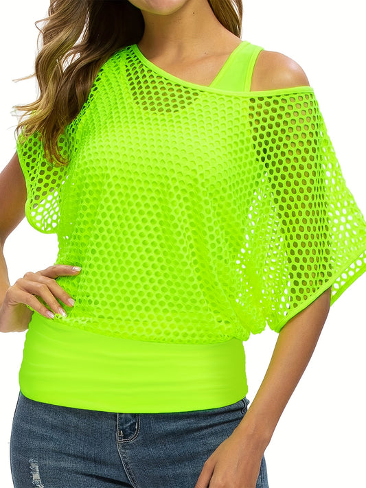 Two-Piece Set Women's Casual Sexy Neon '80s Vacation Tank Top + Fishnet Off-Shoulder T-Shirt