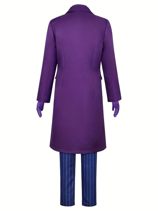 Halloween Men'S Fashion Purple Clown Six-Piece Set, Complete with Meticulously Crafted Scary Party Clown Outfit Including Long Coat, Shirt, Vest, Trousers, Tie, And Gloves.