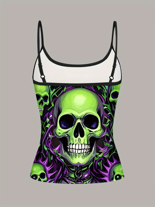 Women's Gothic Skull Print Cami Top - Vibrant Neon Green & Purple Design, Sleeveless Spaghetti Strap, Machine Washable, Edgy Summer Fashion for Bold Style, Trendy Casual Wear, Mysterious Aesthetic, Nontransparent Fabric