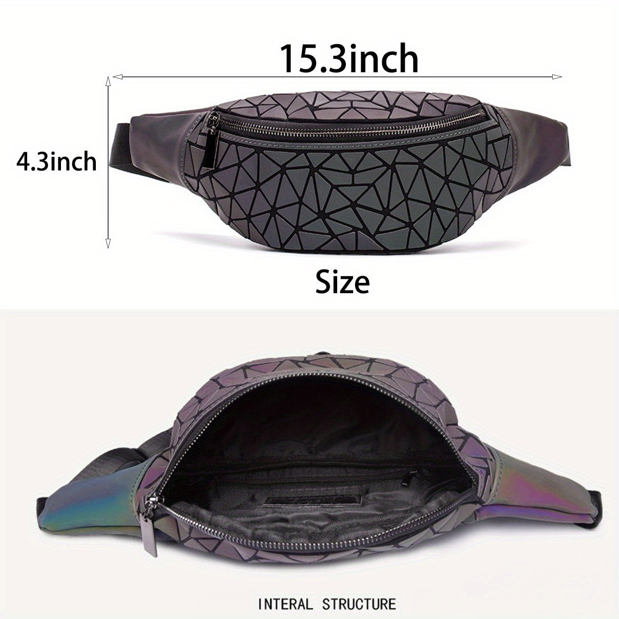 Holographic Belt Bag for Women & Men - Geometric Pattern, PVC Material, Zipper Closure, Unlined, White/Black/Blue/Gray, Perfect for Travel, Running, Sports & Festivals