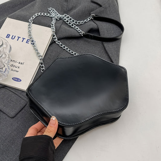 Vampire Lips Print Crossbody Bag - Gothic Style, Black with Red Lips & Fangs Design, Chain Strap, Zipper Closure, Perfect for Halloween & Daily Use, Halloween Accessory | Playful Accessory | Durable Zipper Closure, Halloween