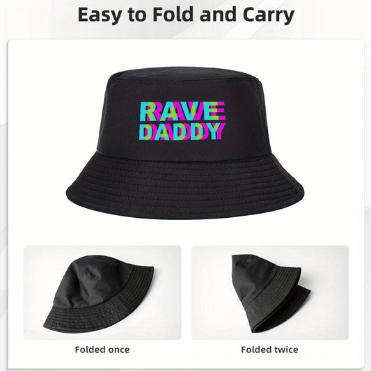 Vibrant Neon Rave "RAVE DADDY" Bucket Hat - Black with Colorful Lettering, Wide Brim for Summer Sun Protection, Foldable & Lightweight, Perfect for Beach, Hiking, Travel - Stylish Outdoor Cap, Beach Hat
