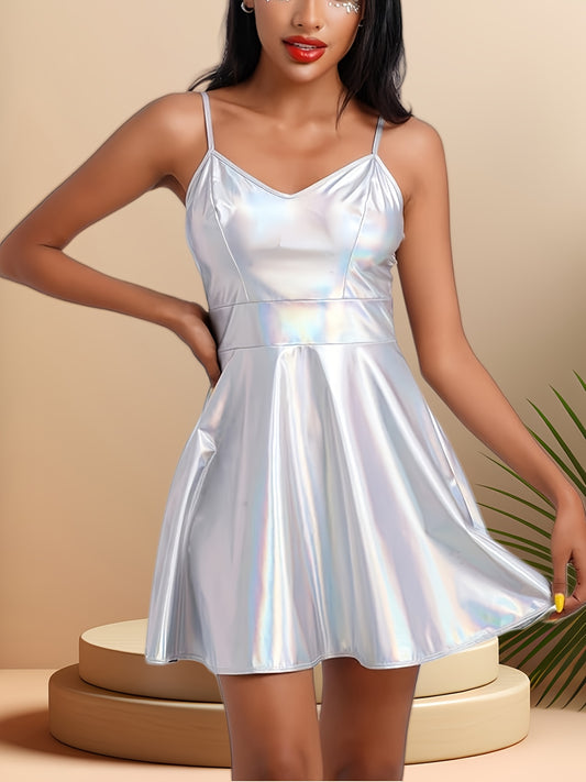 Women'S Sleeveless V-Neck High-Waisted Mini Dress - Shimmering Metallic Floral Print, Backless Party Dress with Flared Skirt, Perfect for Formal Events and Special Occasions, Formal Event Dress | Vneck Dress | Metallic Floral