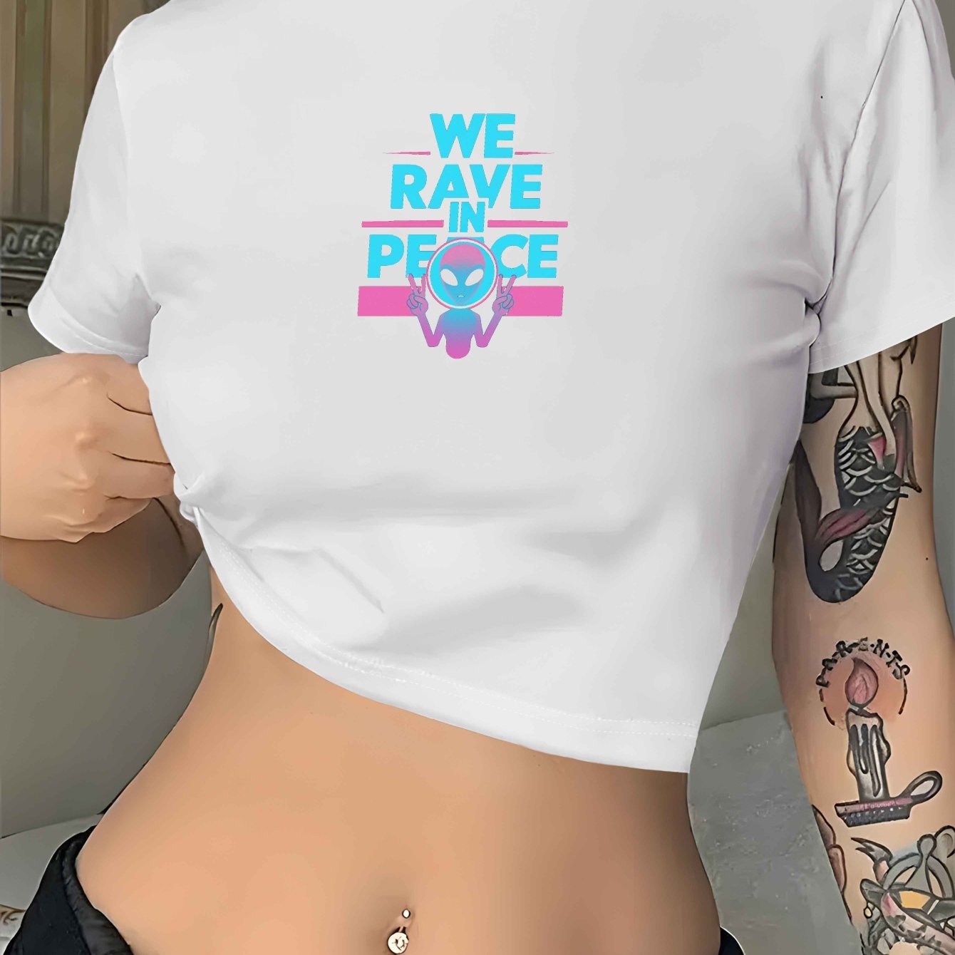 WE RAVE IN PEACE Women's Y2K Graphic Crop Tee - Black Geometric Skull Print Short Sleeve Shirt, Medium Stretch Machine Washable Casual Top for Festivals & Nightlife, Festival Clothing, Edgy Tshirt Design, Comfortable Fit Shir